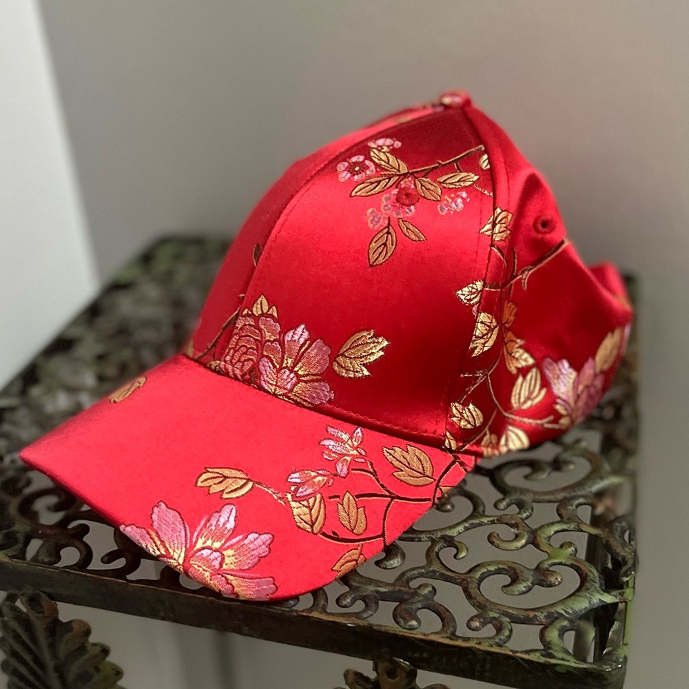 Bright Red Floral Brocade Dad hat Baseball cap